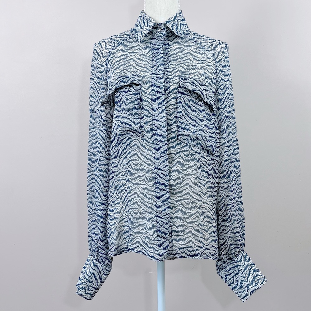 Suno Indigo Blue & White Printed Silk Button Down Blouse Small